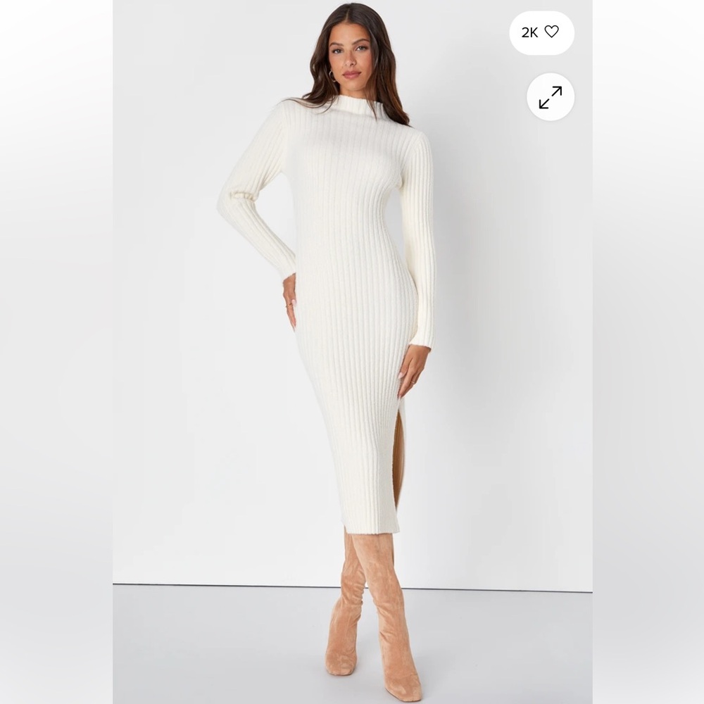 Lulu's Irresistible Feelings Ivory Fuzzy Knit Midi Sweater Dress